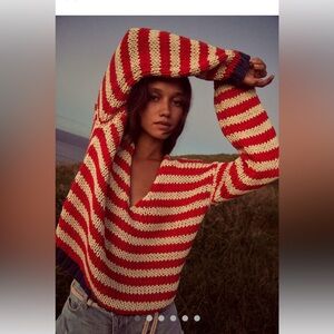 NWOT Free People Portland Pullover Striped Red White V-Neck Sweater Size S